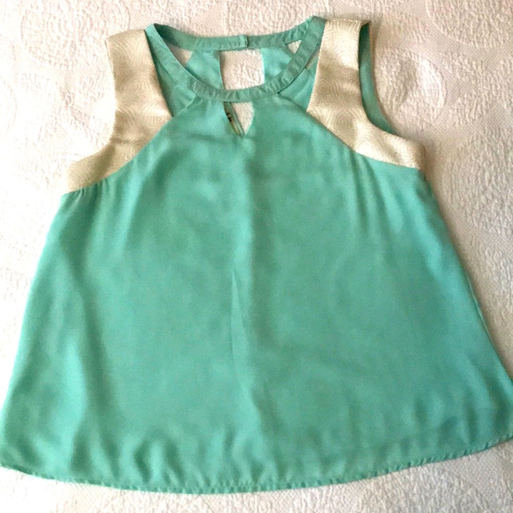 Large Silk and polyester sea foam green sleeveless blouse.